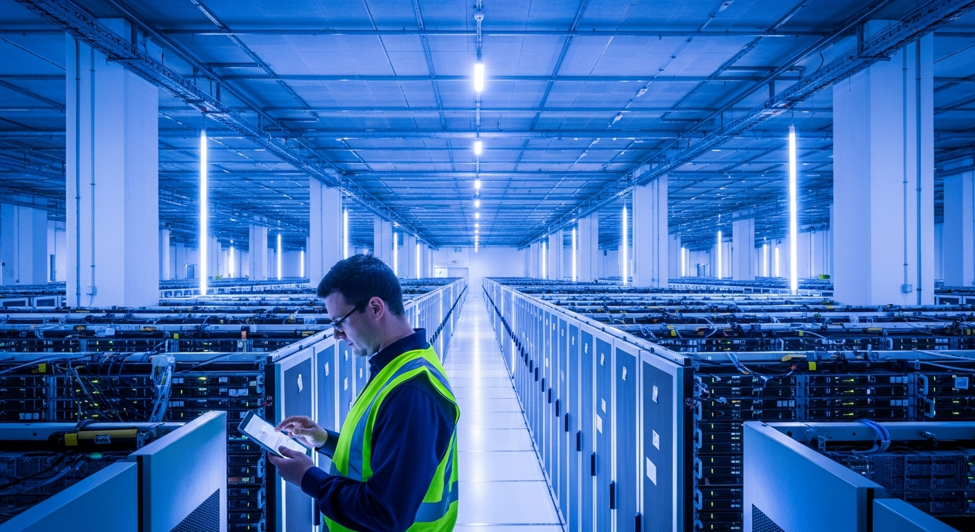 Wide-angle editorial photograph of a modern hyperscale data centre exterior in northern Europe, shot at dusk with cooling units and server hall windows visible, surrounded by wind turbines on flat ter