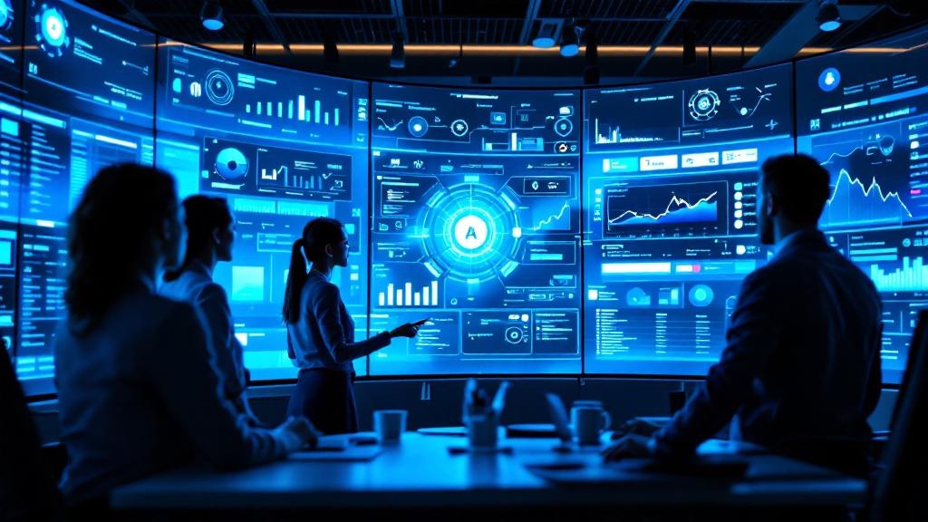 A wide-angle editorial photograph taken inside a modern European enterprise IT operations centre, likely in Frankfurt or Amsterdam, showing a diverse team of professionals, two women and one man in bu