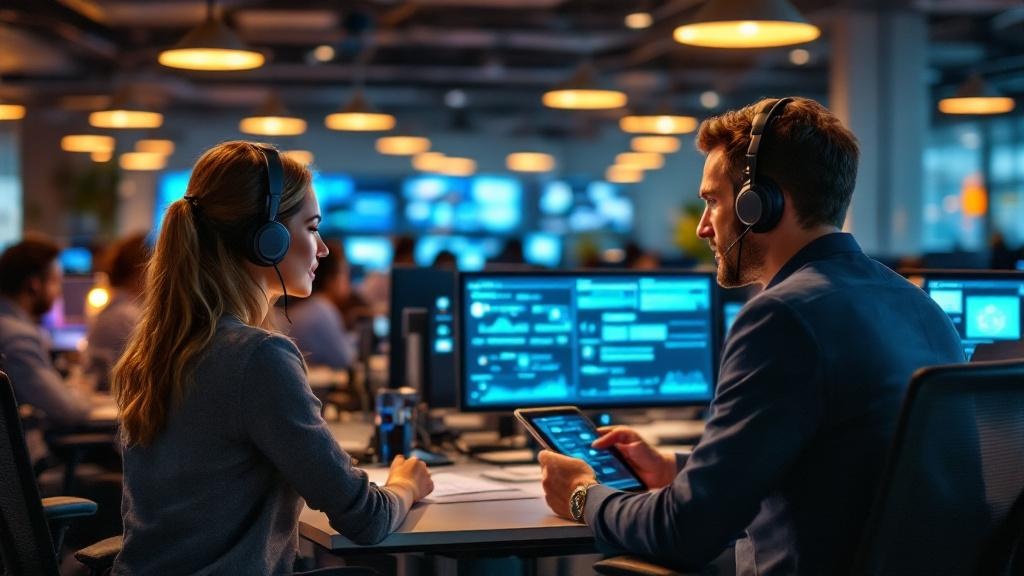 A wide-angle editorial photograph taken inside a modern European contact centre, likely in a Berlin or Amsterdam office building. Rows of agents wearing headsets work at ergonomic workstations, with l