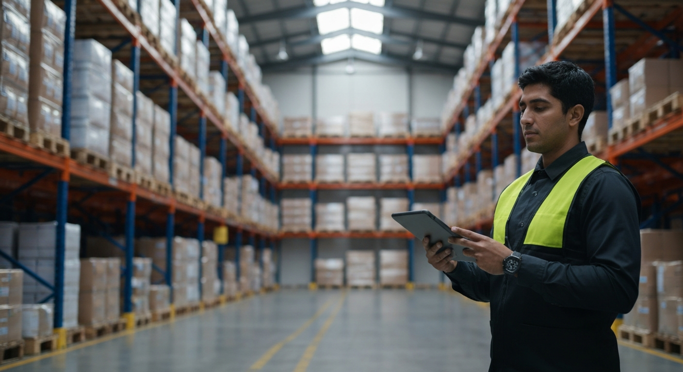 A wide-angle editorial photograph inside a modern European logistics fulfilment centre, showing workers alongside autonomous guided vehicles and digital inventory screens displaying real-time demand d