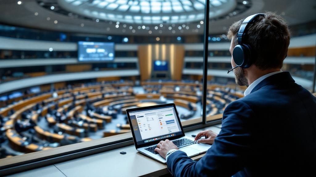 A wide-angle editorial photograph taken inside a European Parliament interpretation booth in Strasbourg or Brussels, showing a professional interpreter wearing headphones at a glass-fronted booth over