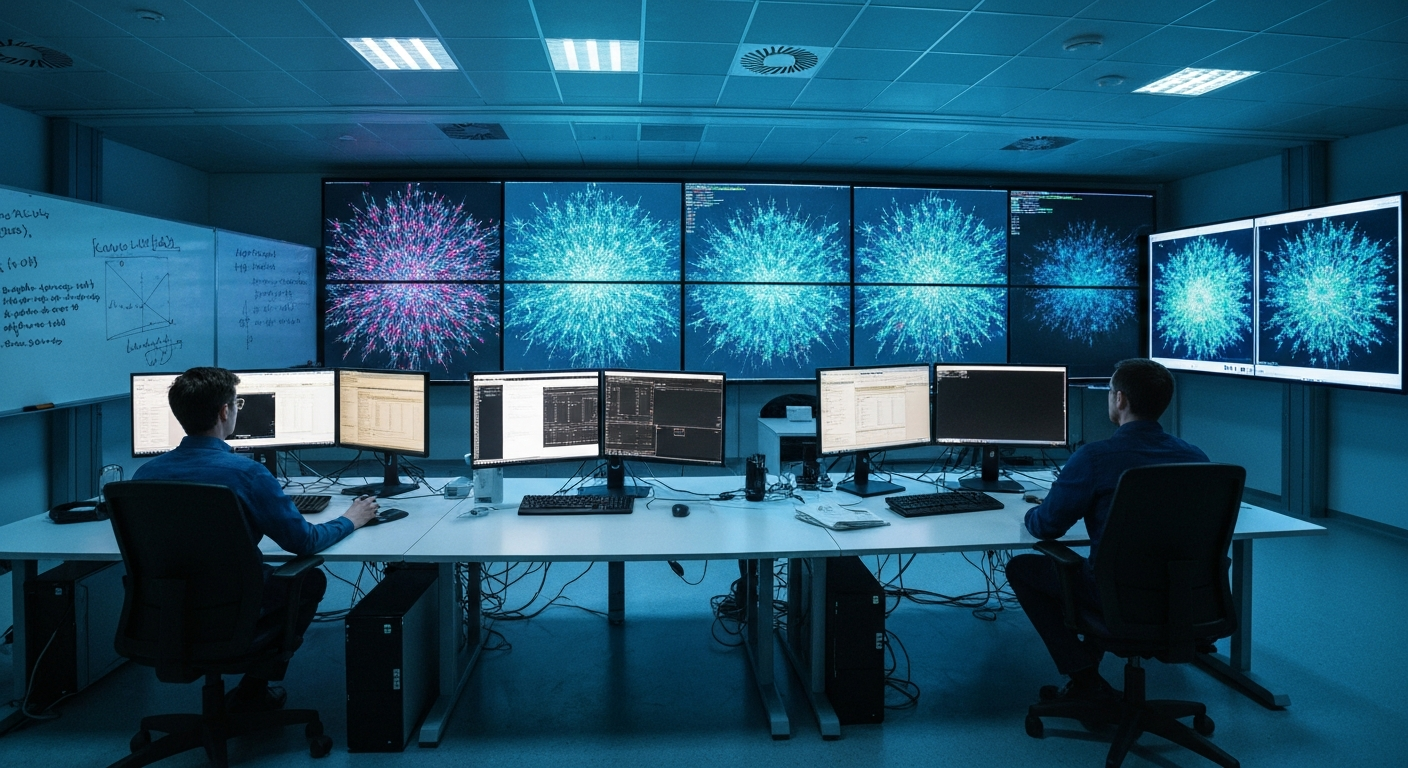 Editorial photograph taken inside a European AI research facility: a researcher in casual clothing stands before a large monitor displaying a neural network visualisation, rows of glowing node-and-edg