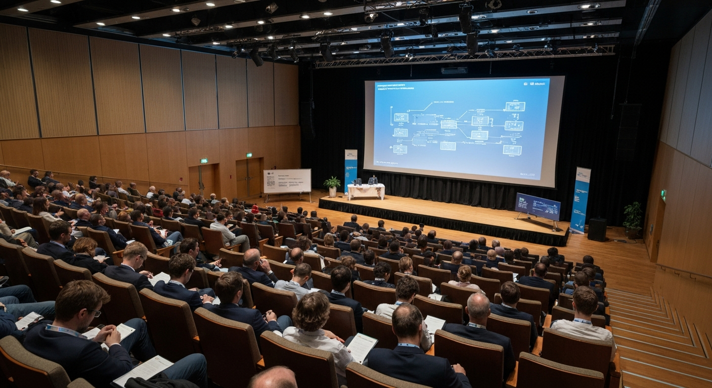 Wide-angle editorial photograph of a packed conference auditorium at a major European AI or technology event, such as a session at the Sorbonne or a side event during a Brussels regulatory summit. Hun