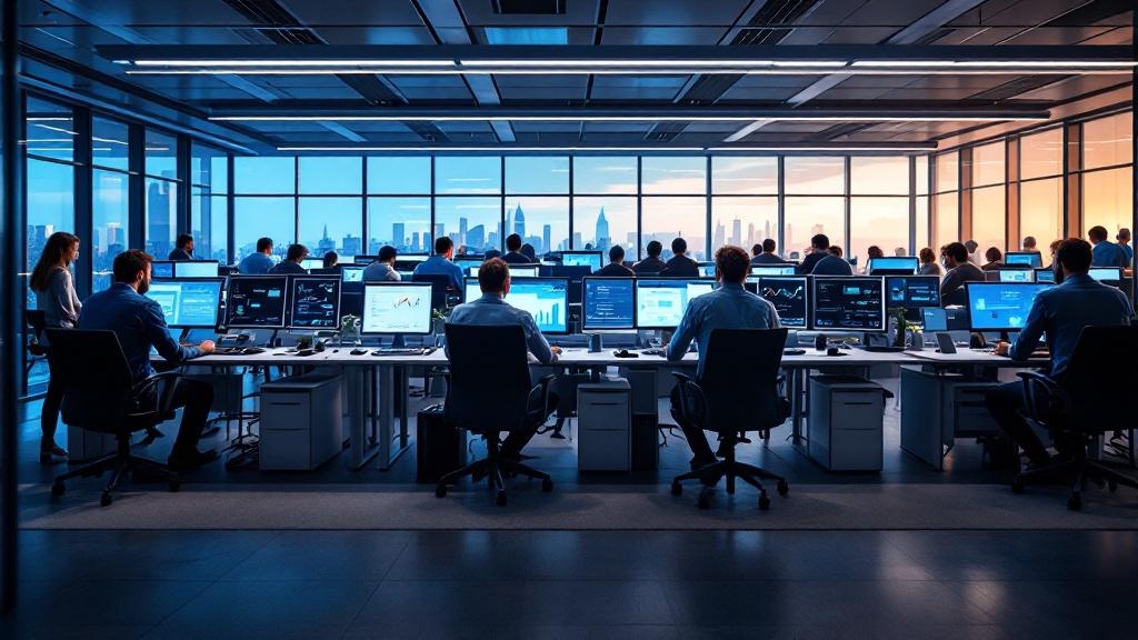 A wide-angle editorial photograph taken inside a modern open-plan office in Canary Wharf, London. Mixed-age workers at standing desks review data dashboards on large monitors, with some screens displa