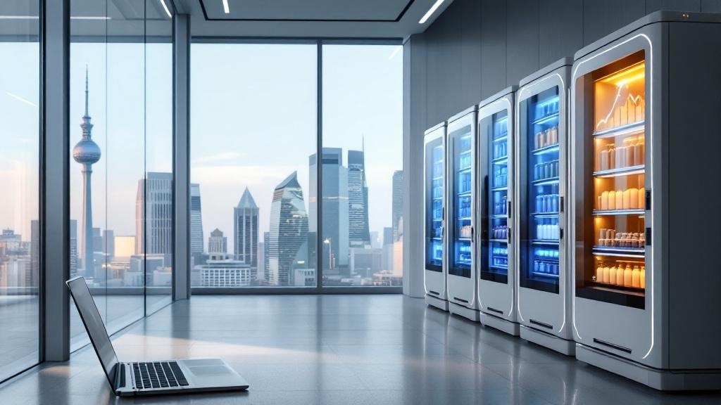 Editorial photograph taken inside a modern European office building, showing a row of sleek autonomous vending machines lined up against a glass wall with a view of an urban skyline, such as the Berli