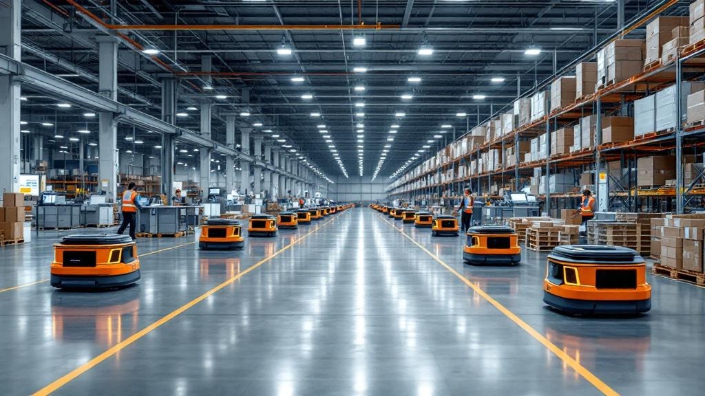 Editorial photograph taken inside a large modern European fulfilment warehouse, showing a row of orange autonomous mobile robots moving shelving units along a grey concrete floor, with a small number 