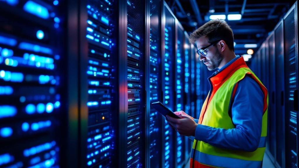 An editorial photograph of server-rack infrastructure inside a modern European data centre, with cool blue indicator lights casting a faint glow across rows of rack-mounted hardware. A technician in a