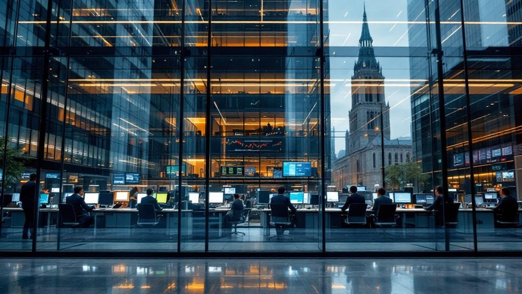 A wide-angle editorial photograph taken inside a contemporary European financial district, showing the glass facade of a major institutional asset manager or stock exchange building, with suited profe