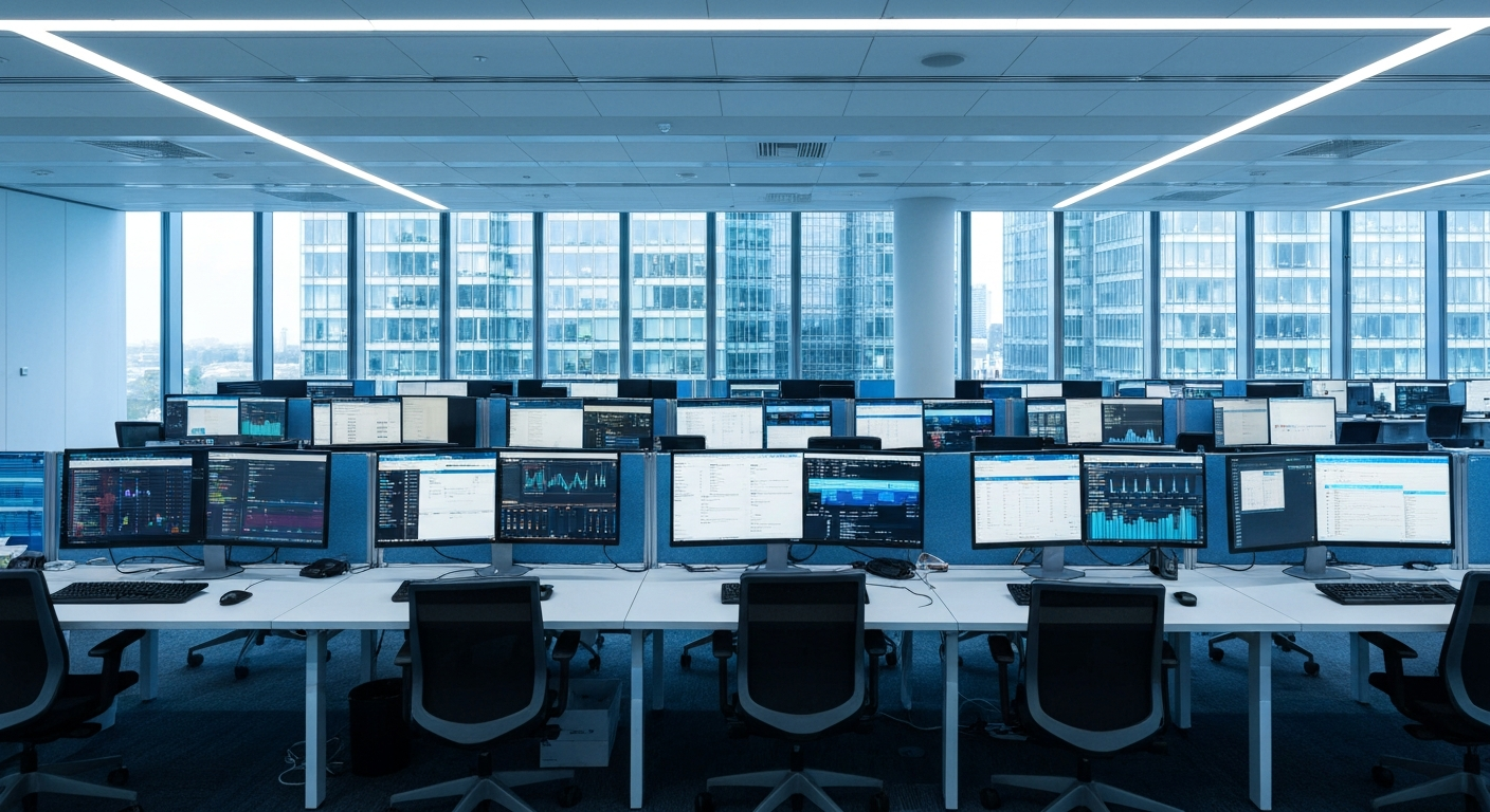 A wide-angle editorial photograph taken inside a modern European financial services office, rows of empty workstations with active screens displaying live data dashboards, no human figures present, co