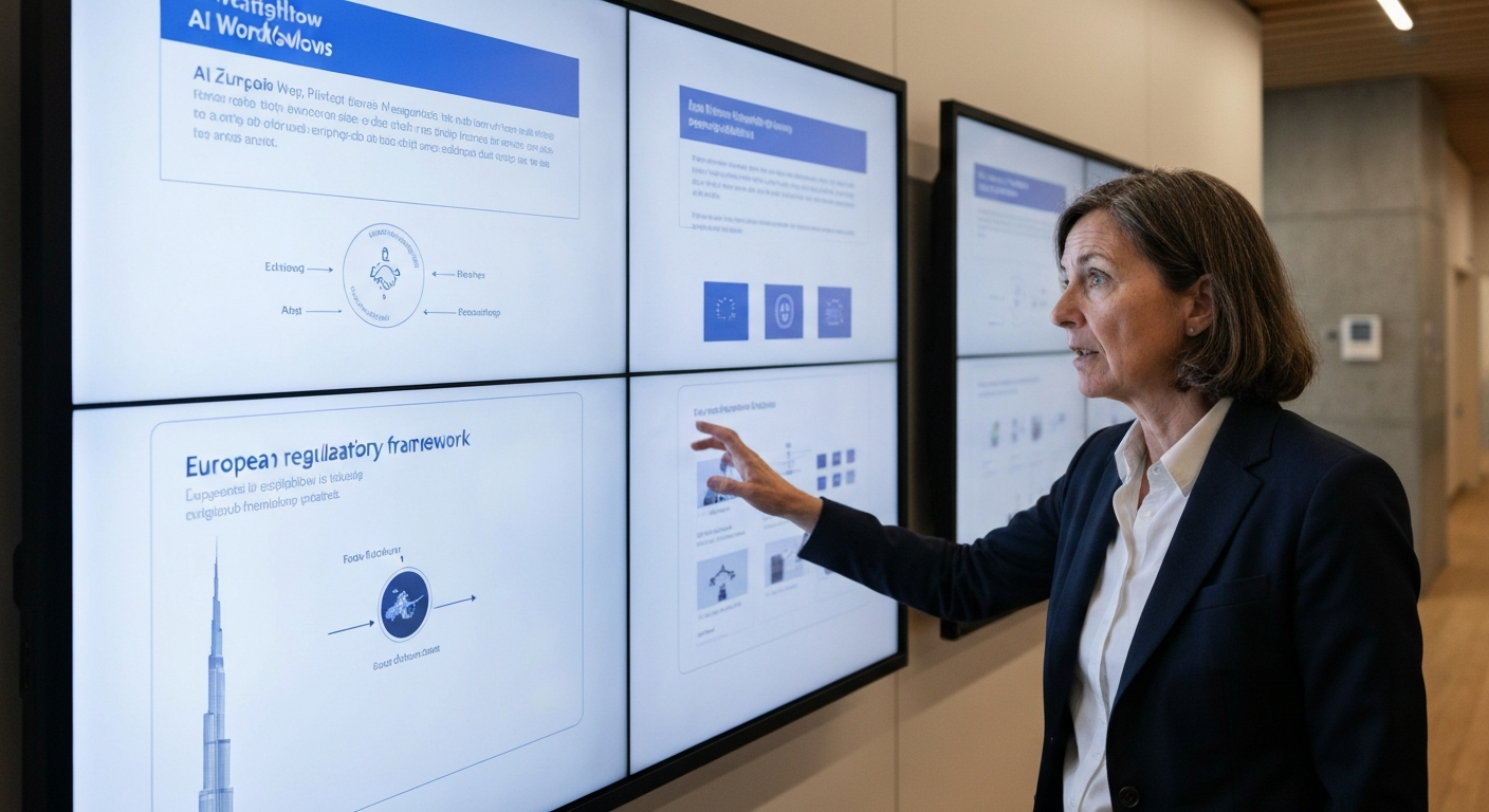 An editorial photograph of a senior European executive, female, mid-50s, standing in front of a large interactive wall display inside ETH Zurich or a Brussels-based policy institute, the screen showin