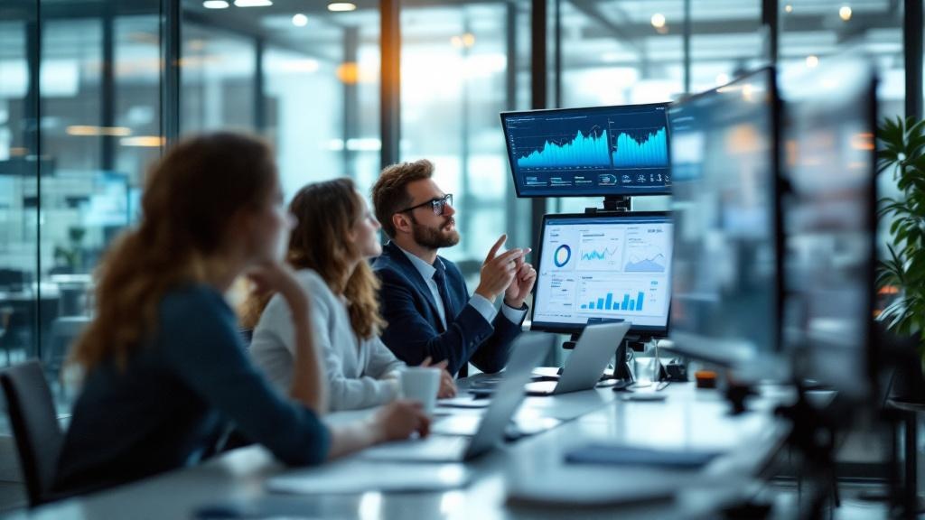 Editorial photograph inside a modern European enterprise technology office, glass-walled meeting rooms visible in the background, a diverse team of analysts reviewing dashboards on large monitors show
