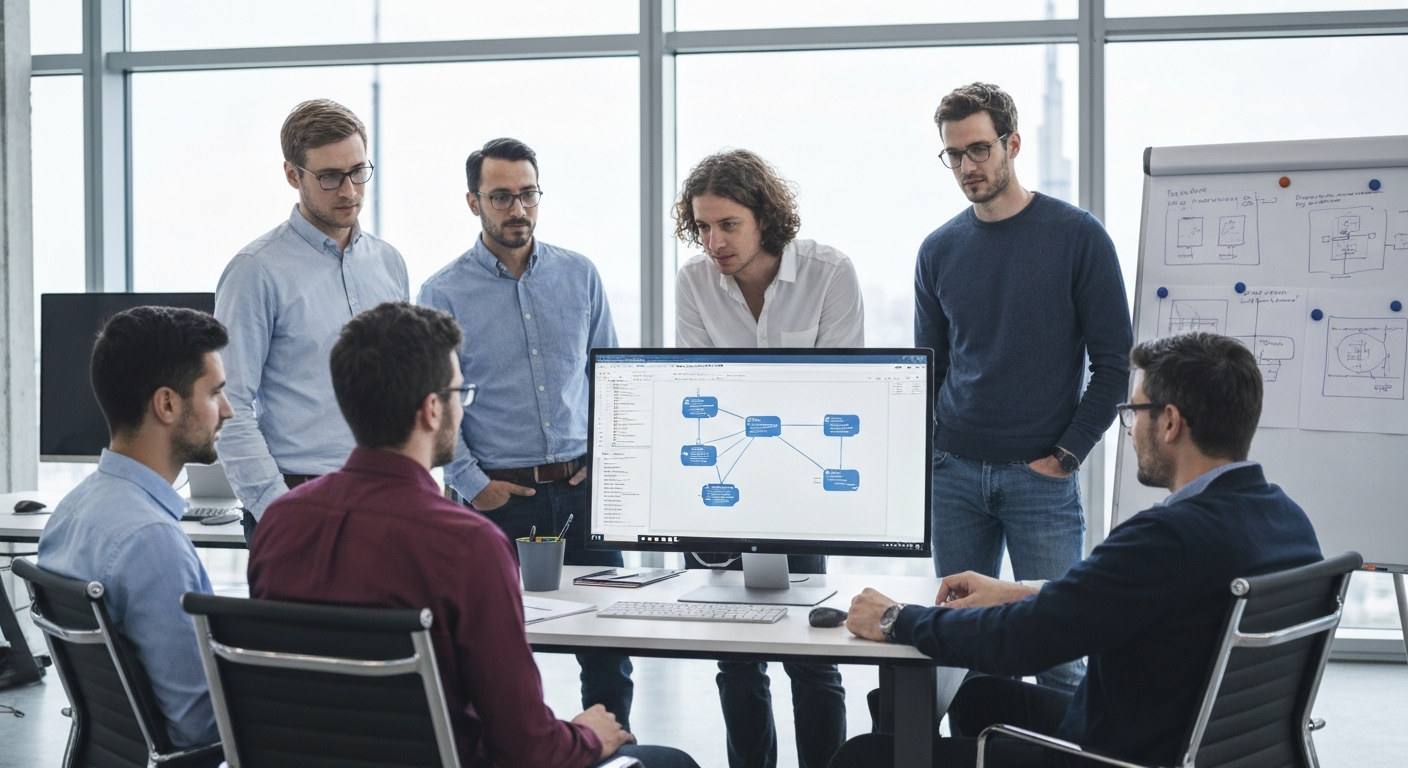 A software engineering team in a modern open-plan office at a European AI company, gathered around a large monitor displaying a node-graph diagram of a multi-agent system architecture. The setting sug