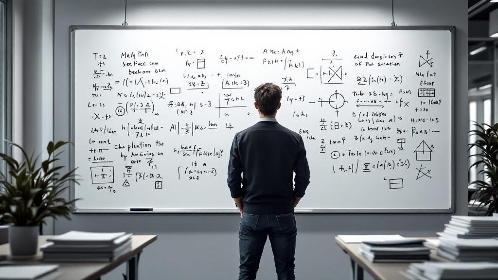 An editorial photograph of a large whiteboard inside a modern open-plan research office, covered in handwritten mathematical notation and diagram sketches. A single researcher stands with their back t