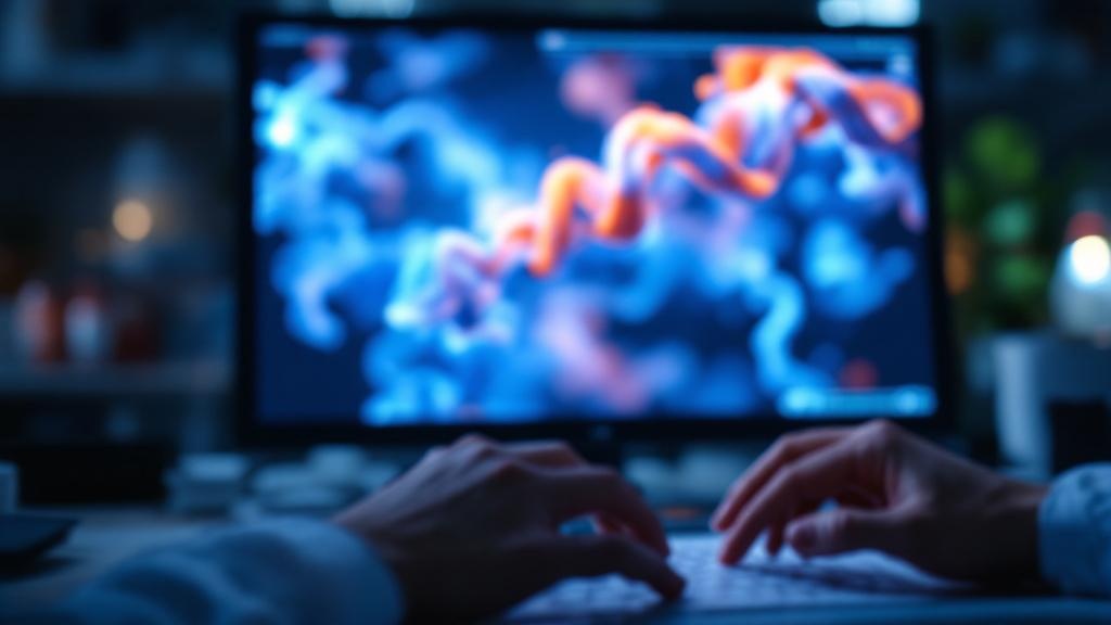 An editorial photograph of a computer screen displaying a three-dimensional molecular protein structure rendered in blue and orange, characteristic of AlphaFold visualisation software. The screen is i