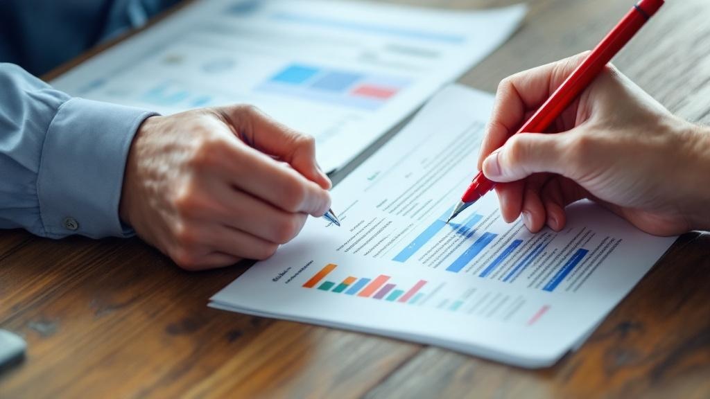 Close-up editorial photograph of a legal or compliance professional's hands, sleeves rolled up, annotating a printed EU regulatory document with a red pen. A second document, partially visible, shows 
