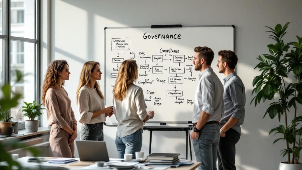 Editorial photograph of a mid-sized open-plan European office, late afternoon light. A small team of three people, two women and one man, are standing at a standing desk reviewing a wall-mounted white