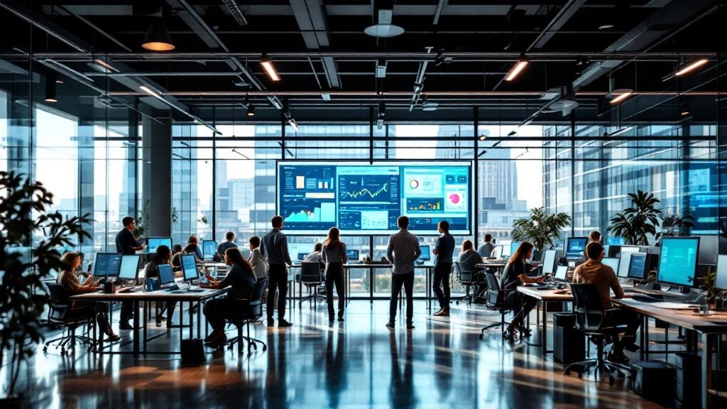 Editorial photograph of a glass-walled open-plan office in a modern European business district, with employees collaborating at standing desks alongside large screens displaying workflow dashboards an