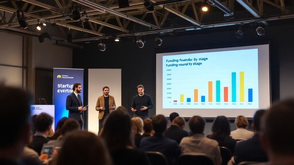 An editorial photograph of a row of startup founders pitching to a small audience at a European tech conference. The founders, two men and one woman of varied European appearance and in their thirties