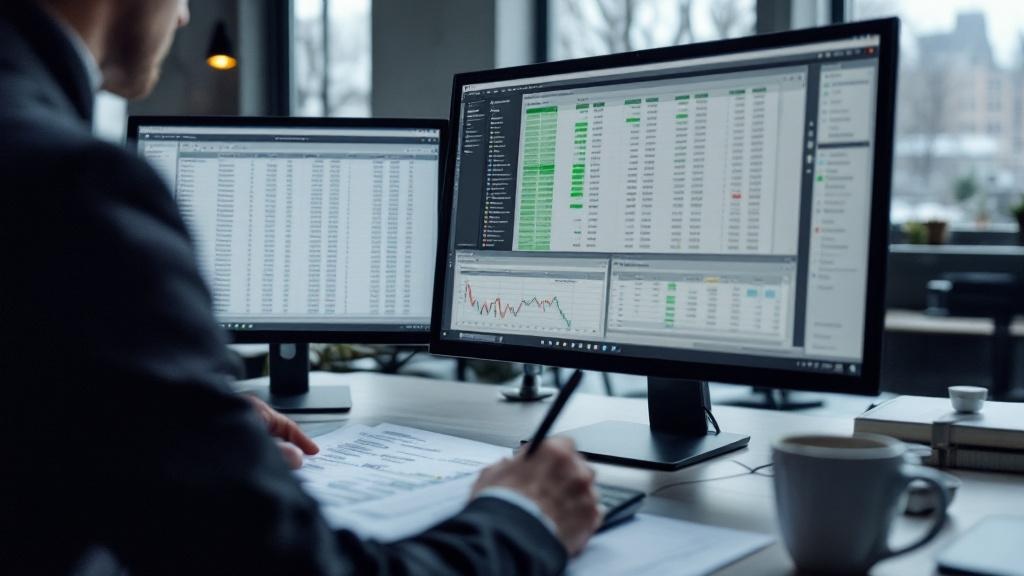 A close-up editorial photograph of a venture analyst's desk in a modern open-plan office in a northern European city, identifiable by grey winter light through tall windows. The desk shows two monitor