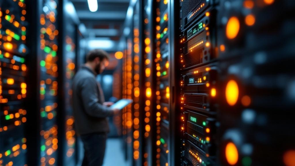 A close-up editorial photograph of server rack indicators, blinking amber and green, inside a European data centre facility. A researcher or engineer in casual clothing stands slightly out of focus in