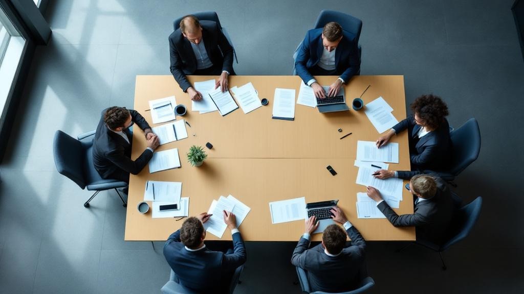 An overhead shot of a policy meeting in a sparse, modern conference room in a European institutional setting. Several people sit around a rectangular table covered with printed documents and open lapt