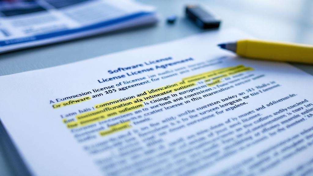 A close-up, slightly abstract photograph of a printed software licence agreement, with passages highlighted in yellow marker and marginal handwritten notes in blue ink. Visible on the desk beside the 