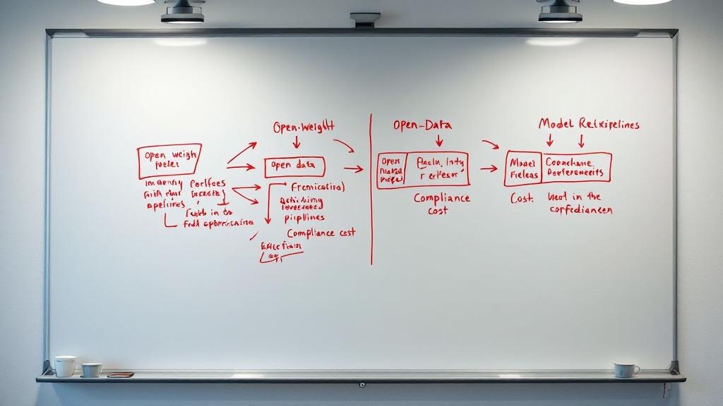 An overhead shot of a whiteboard in a European AI lab meeting room, covered in a hand-drawn diagram comparing open-weight versus open-data model release pipelines, with branching arrows and compliance