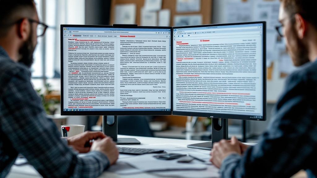 A close-up editorial photograph of two journalists in conversation beside a monitor showing a split-screen interface, one side displaying a published news article and the other a plain-text AI output 