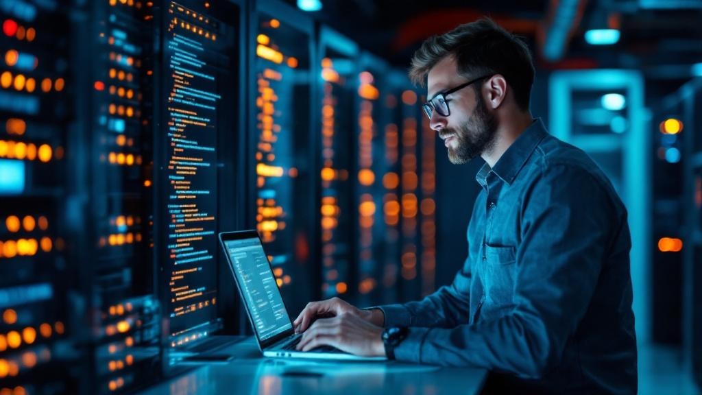 An editorial photograph of a technology team member at a standing desk in a server-room-adjacent workspace, reviewing lines of model output on a laptop screen. The background shows rack-mounted server