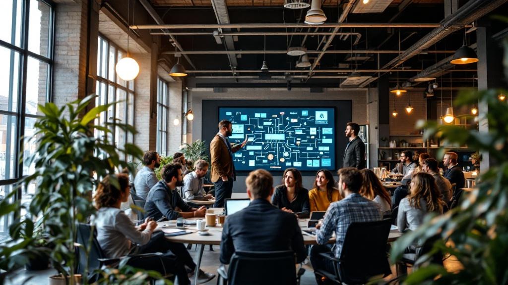 A wide-angle editorial photograph taken inside a modern European open-plan office, possibly in Berlin or Amsterdam, showing a diverse team of professionals gathered around a large screen displaying in