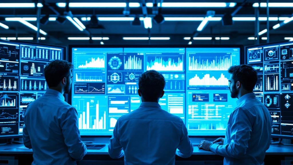 Editorial photograph taken inside a European AI or semiconductor research facility, such as an ASML cleanroom in Eindhoven or the Google DeepMind office in London, showing engineers reviewing large di