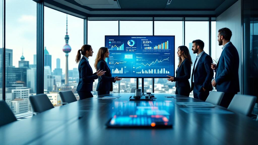 Wide-angle editorial photograph taken inside a contemporary European corporate boardroom, floor-to-ceiling glass windows overlooking the Berlin TV tower in the background. A diverse group of four busi