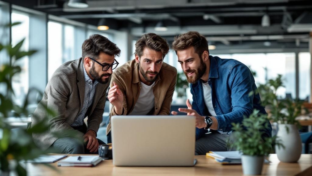 Editorial photograph taken inside a modern open-plan office in a European city, most likely London's Canary Wharf or a Berlin tech campus. A small team of three or four professionals, diverse in age a