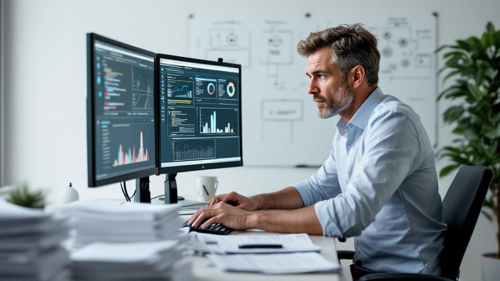 Editorial photograph of a senior manager or team lead, mid-40s, seated at a standing desk in a minimalist European office environment, reviewing AI tool outputs on dual monitors. Stacks of printed wor