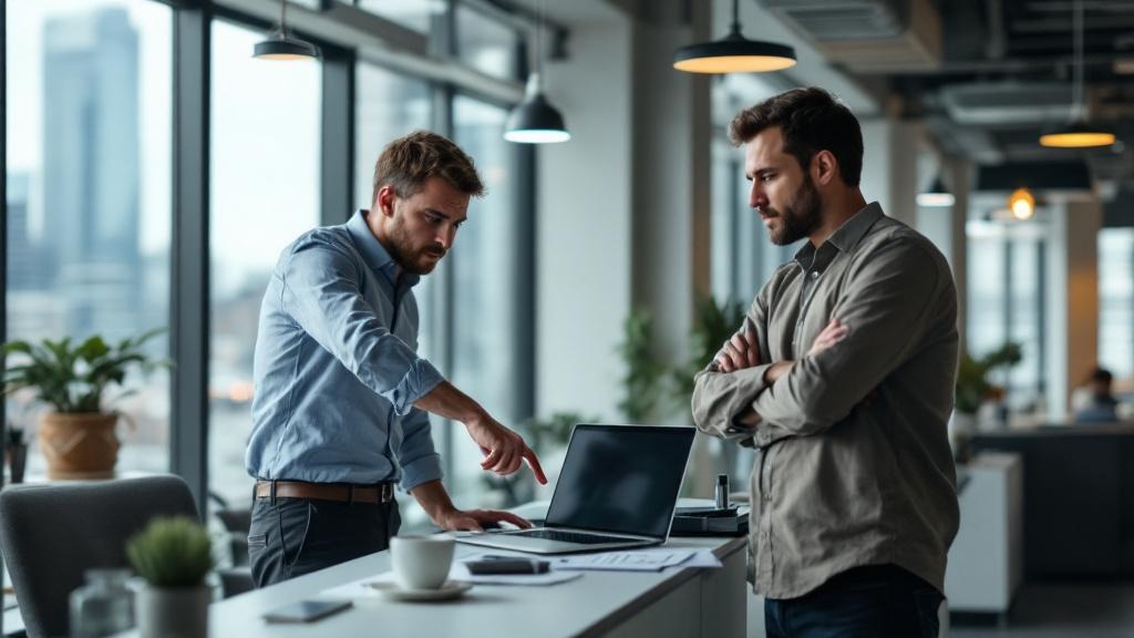A mid-shot photograph taken inside a contemporary open-plan London office, likely in Canary Wharf, showing two colleagues at a standing desk reviewing data on a laptop screen. One person points at the