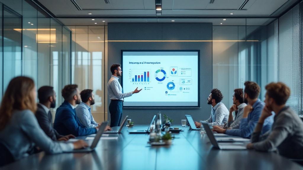 A wide-angle editorial photograph of a professional training session in a glass-walled meeting room, likely at a UK technology firm. A facilitator stands at the front gesturing toward a projected slid
