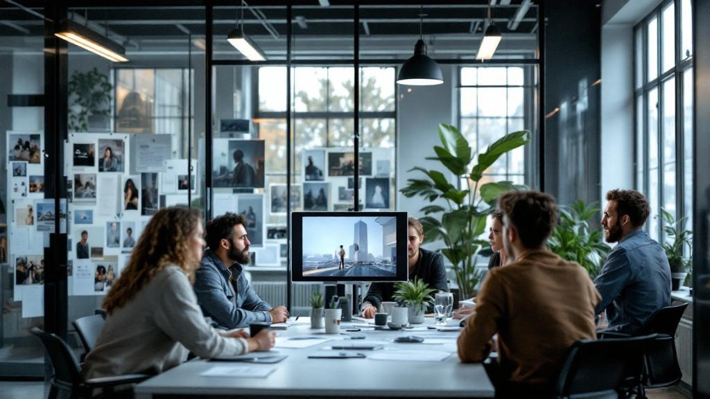 A wide-angle editorial photograph taken inside a modern Amsterdam or Rotterdam advertising agency creative studio. Screens display AI-generated image outputs alongside mood boards and storyboard print