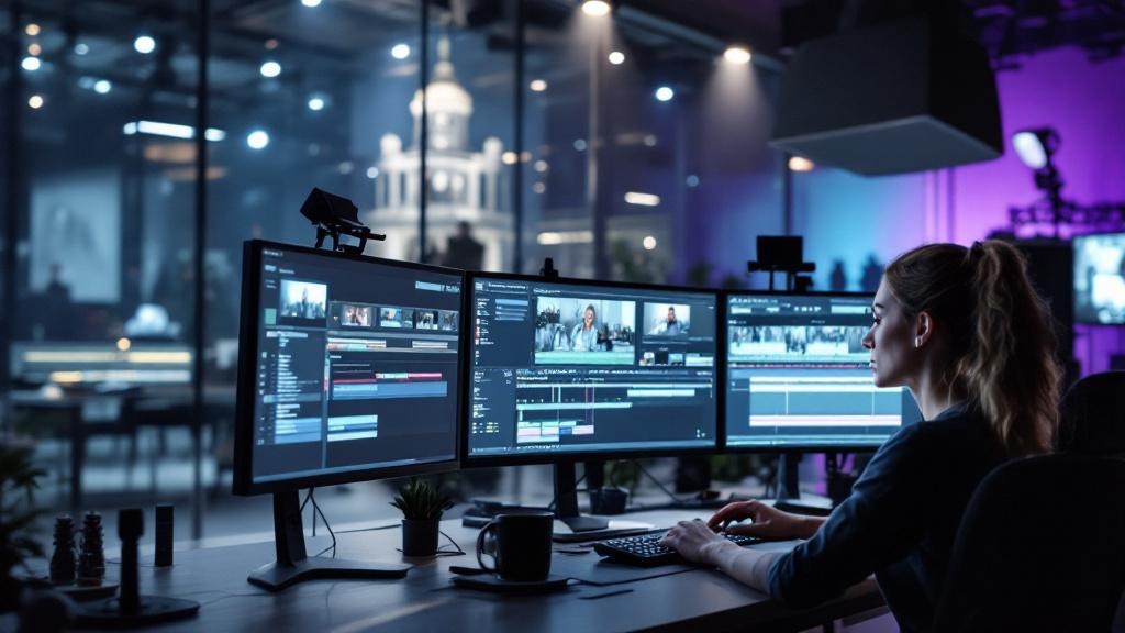 A professional film post-production suite inside a European studio facility, showing multiple monitors displaying colour grading software and timeline editing tools, with a female editor working at th