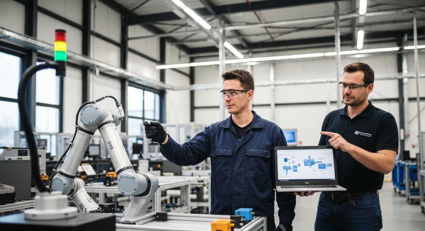 A mid-shot editorial photograph taken inside a modern European vocational training centre, possibly in Stuttgart or Lyon, showing a worker in their thirties wearing safety glasses operating a collabor