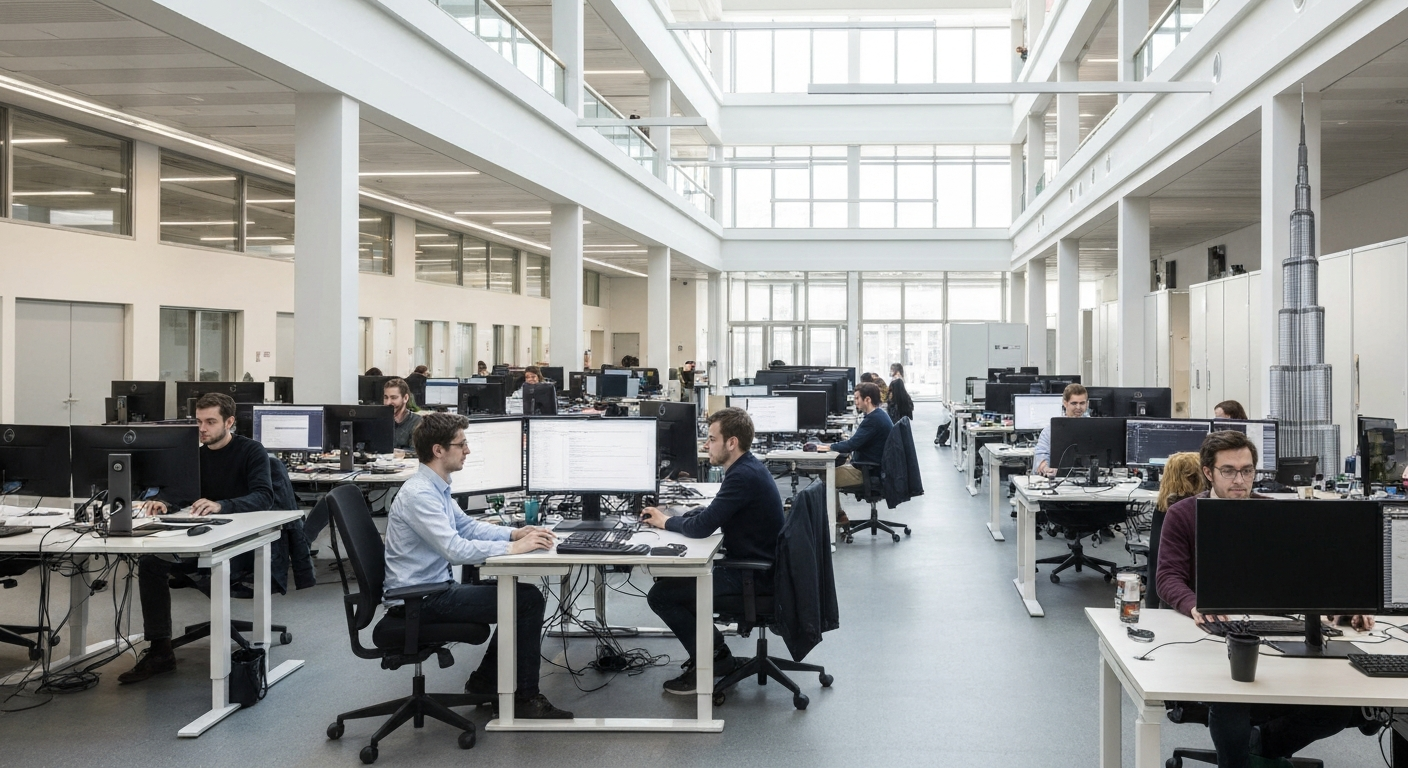 An editorial wide-angle photograph of a contemporary European AI research facility, such as the ETH Zurich main building atrium or a Mistral HQ open-plan office in Paris, showing diverse researchers i