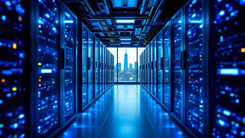 Wide-angle editorial photograph taken inside a European data centre, rows of high-density GPU server racks illuminated in cool blue light, with a Nscale or similar European cloud operator branding vis