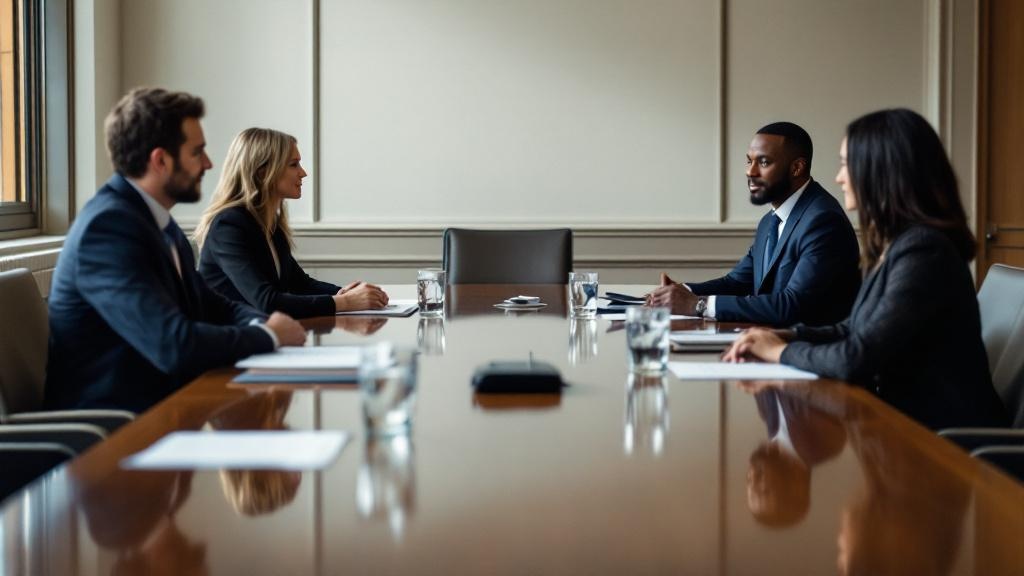 Editorial photograph inside a formal UK government meeting room: a long polished table with water glasses and printed briefing documents visible, two professionals on one side facing two on the other,