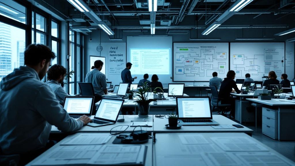 A wide-angle editorial photograph taken inside a European university data research facility, likely modelled on ETH Zurich or a comparable institution, showing researchers at standing desks covered wi