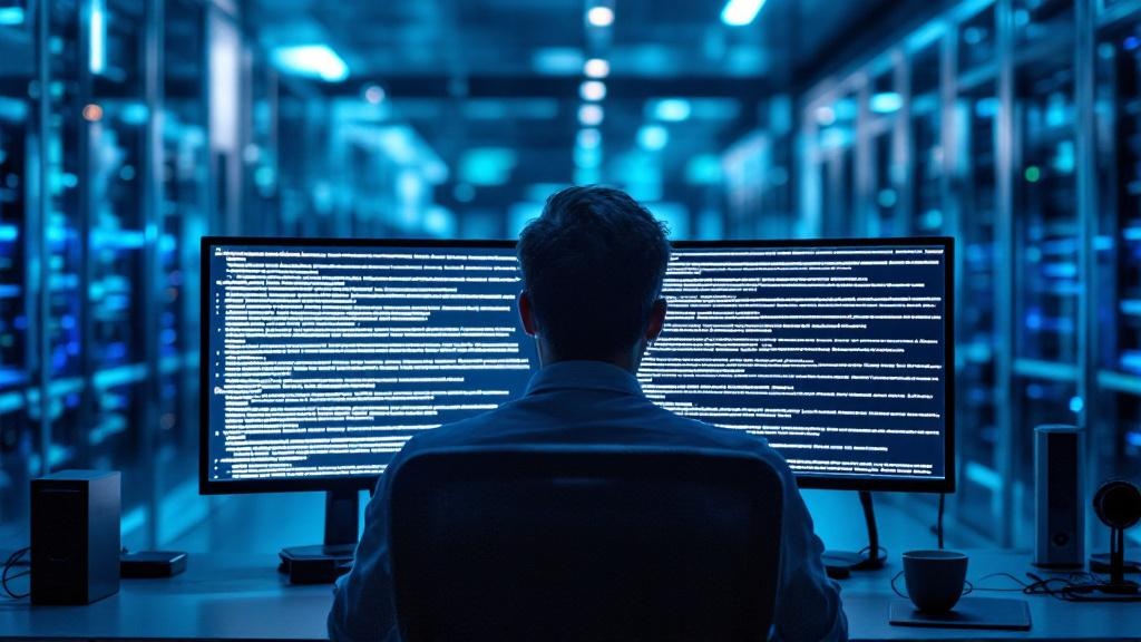 Wide editorial photograph taken inside a European AI research facility, likely styled after ETH Zurich or a comparable technical university. The foreground shows a researcher at a workstation displayi