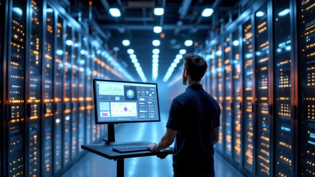 A wide-angle photograph taken inside a European enterprise data centre, rows of illuminated server racks stretching into the distance under cool blue and white lighting, a single engineer in a dark po