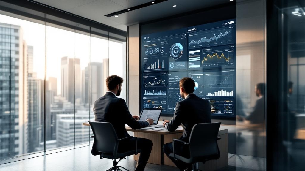 A wide-angle editorial photograph taken inside a modern European enterprise technology office, glass-walled meeting rooms visible in the background, two business professionals reviewing data dashboard