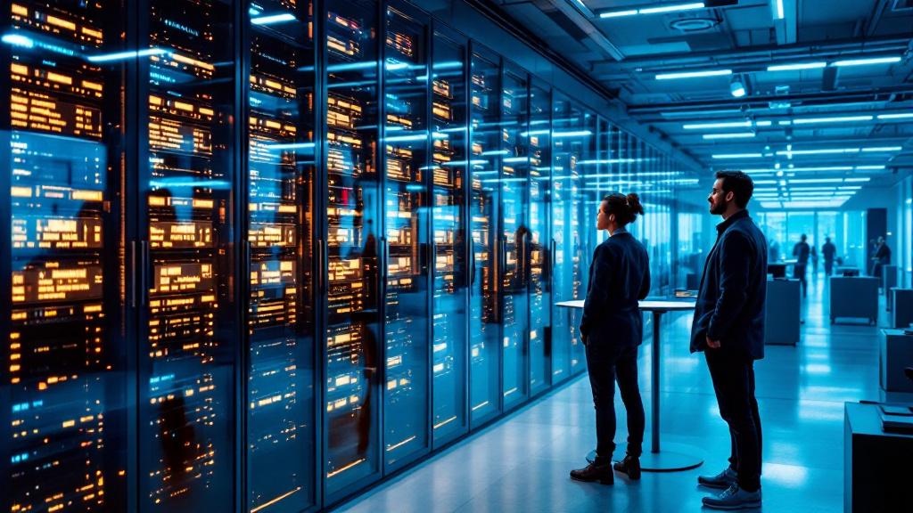 A wide-angle photograph taken inside a modern European AI research facility, suggesting ETH Zurich or a comparable academic computing centre. Rows of GPU servers glow with indicator lights in a temper