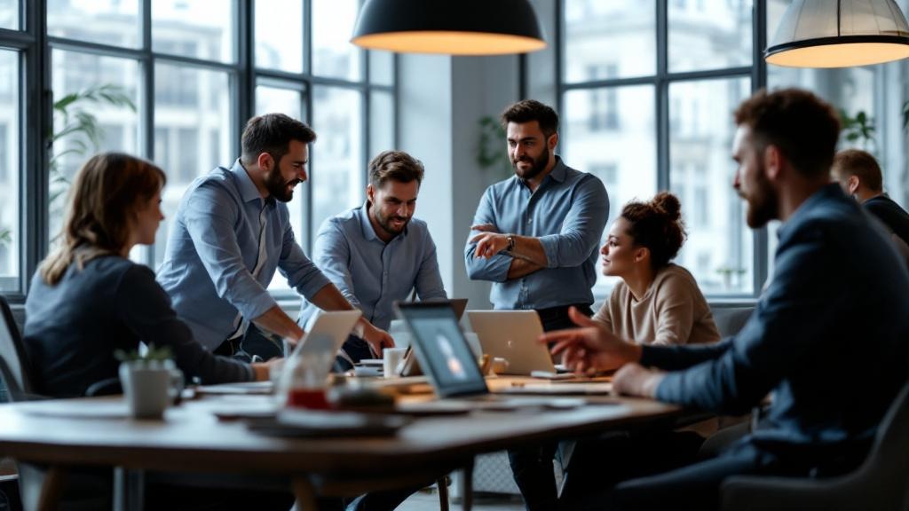 A candid editorial photograph taken inside a modern open-plan office in a European city, showing a diverse group of employees gathered around a desk with laptops displaying AI assistant interfaces. Th