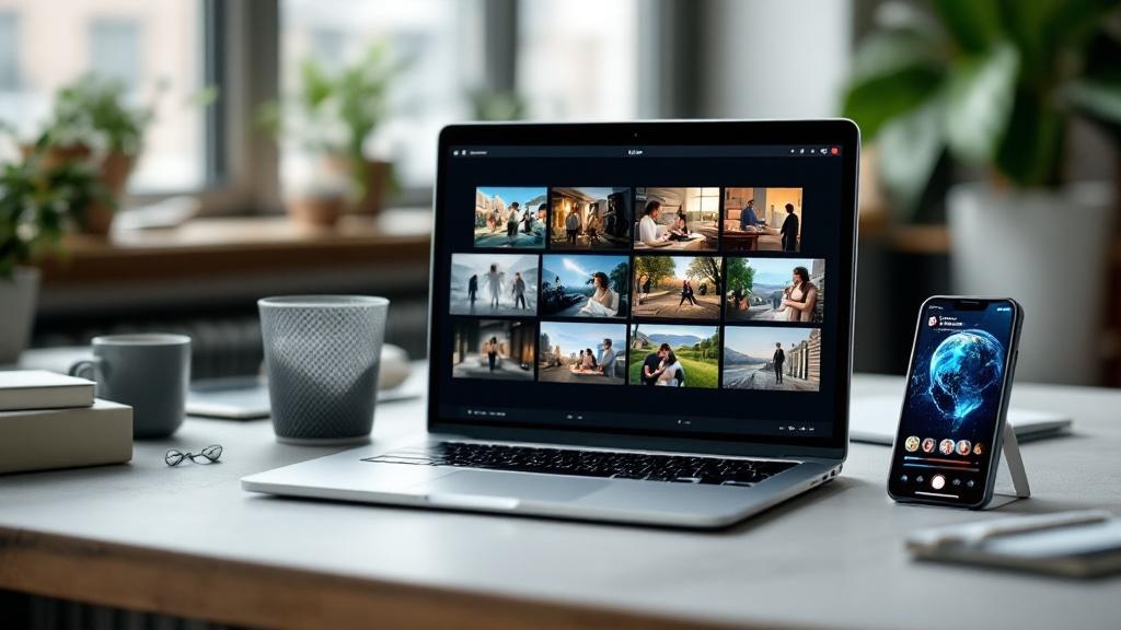 A flat-lay editorial photograph taken at a modern co-working desk in a European city, showing a laptop screen displaying a grid of AI-generated short-form video frames in different visual styles: anim