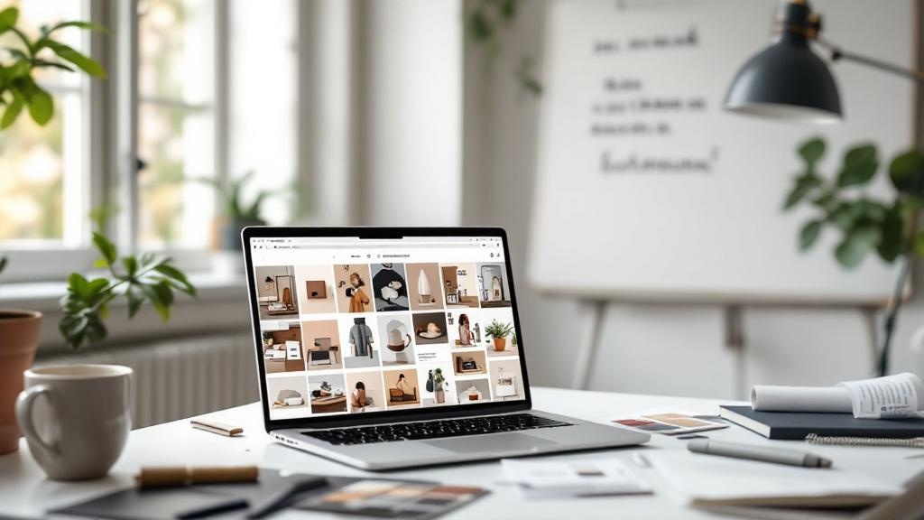 A flat-lay editorial photograph taken inside a contemporary European creative studio, showing a designer's desk with a laptop displaying a grid of visually consistent AI-generated Instagram images in 
